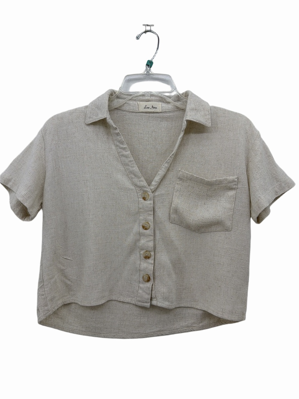 Love Notes Neutral Beige Short Sleeve Button-Down linen blend Shirt